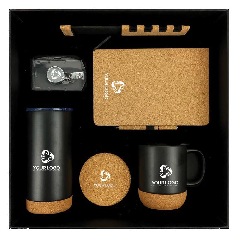 Black Cardboard Gift Box With Cork Notebook, Cork Pen, Cork Tumbler & Cup